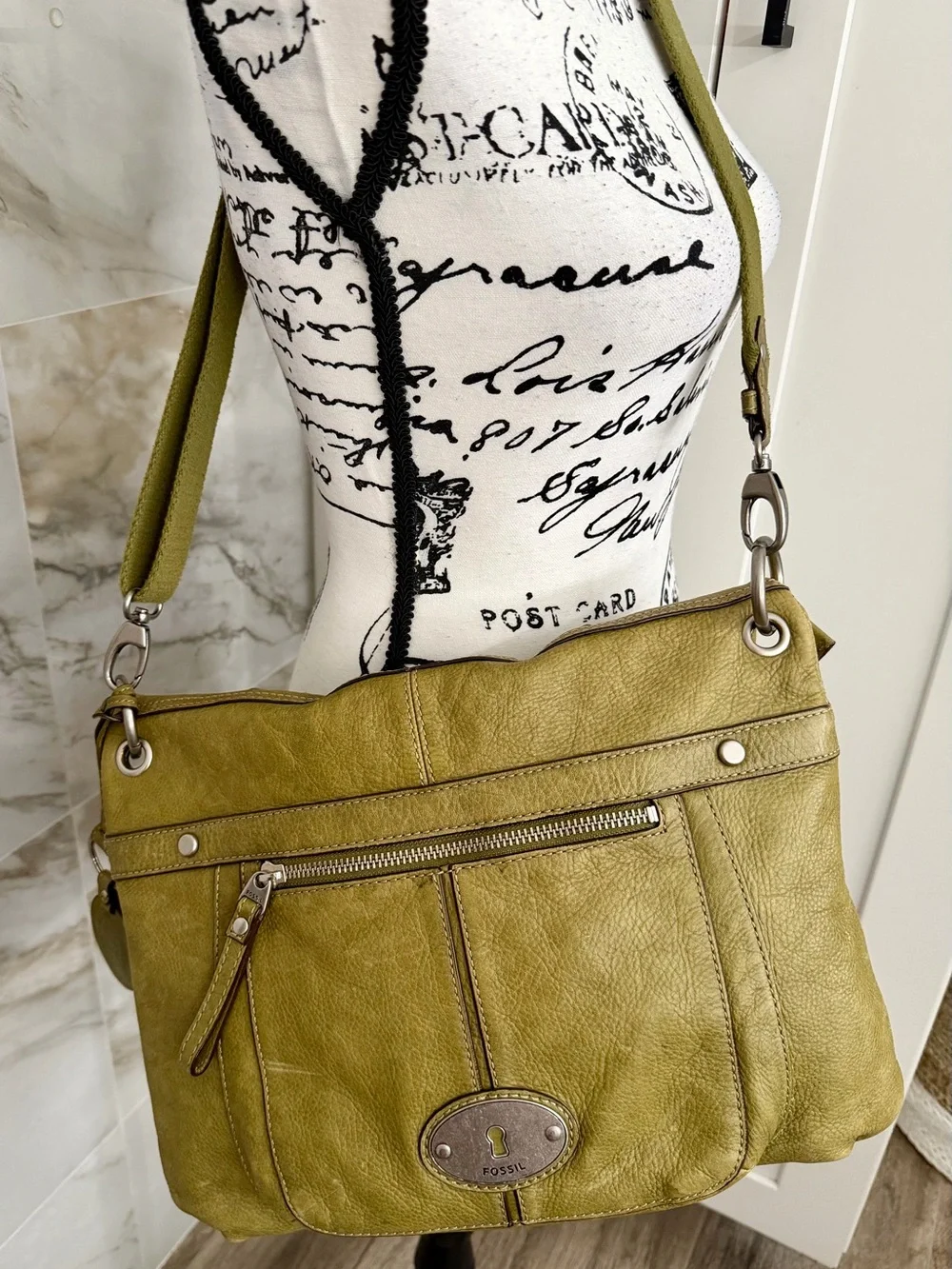 Olive Green Fossil Crossbody Shoulder Bag Zippers  - Women's Slouch Foldover